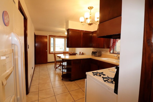 kitchen featuring a sink, open shelves, white appliances, light countertops, and light tile patterned floors