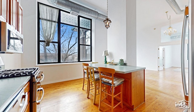 dining room with light wood finished floors, baseboards, and an inviting chandelier