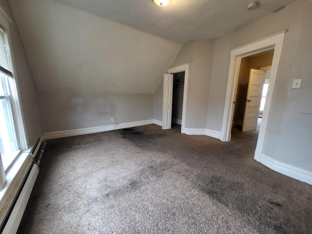 additional living space with baseboards, lofted ceiling, carpet, and a baseboard radiator