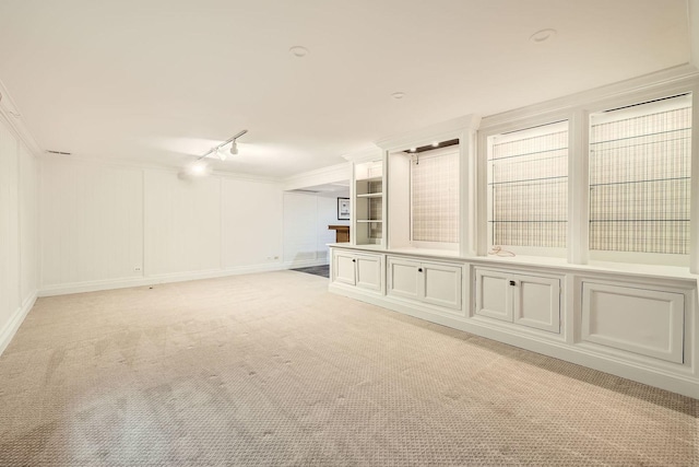 spare room with light carpet, a decorative wall, rail lighting, and ornamental molding