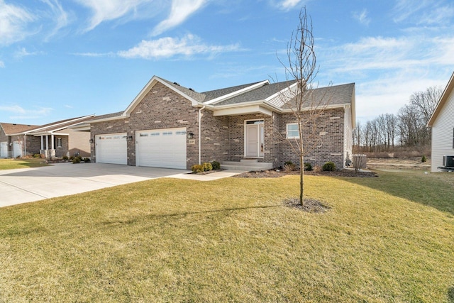 ranch-style house featuring a front yard, driveway, roof with shingles, a garage, and brick siding