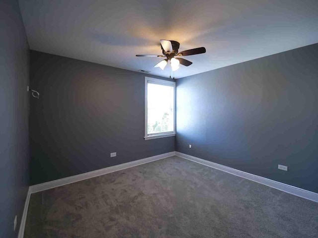 spare room with visible vents, baseboards, ceiling fan, and carpet flooring