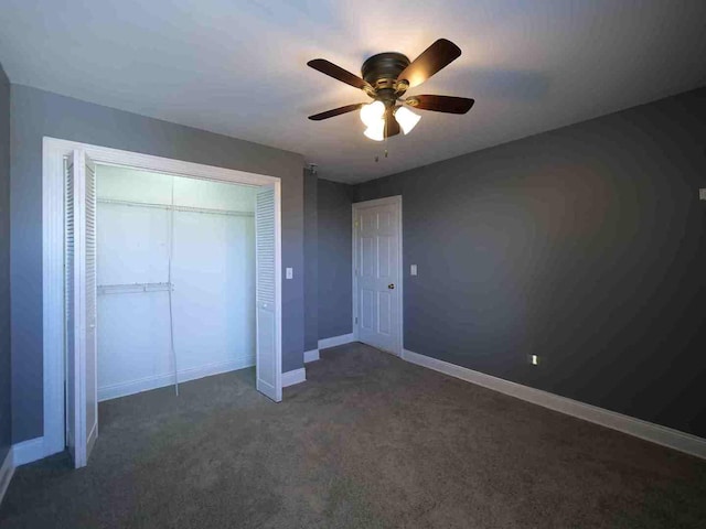 unfurnished bedroom with carpet, baseboards, a closet, and ceiling fan