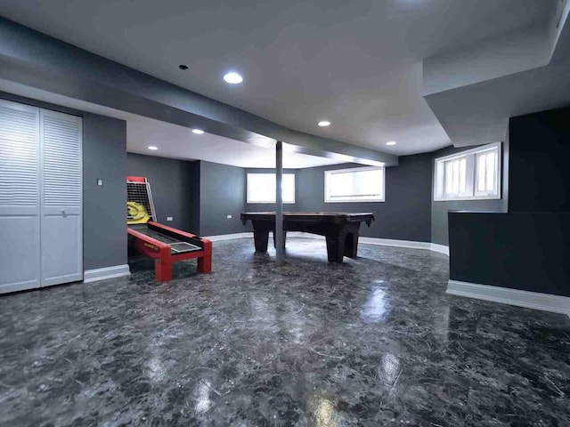 game room featuring billiards, recessed lighting, and baseboards