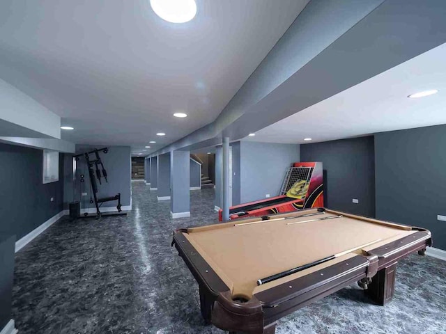 rec room with recessed lighting, billiards, and baseboards