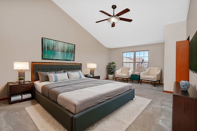 bedroom with baseboards, light carpet, and high vaulted ceiling