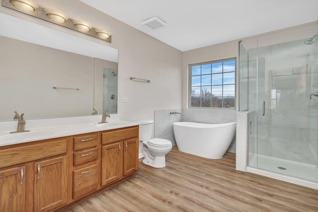 bathroom with double vanity, a shower stall, wood finished floors, and a sink