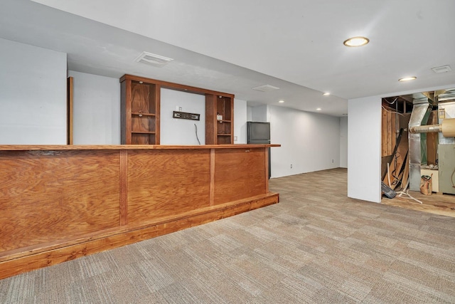 bar featuring recessed lighting, visible vents, carpet, and freestanding refrigerator