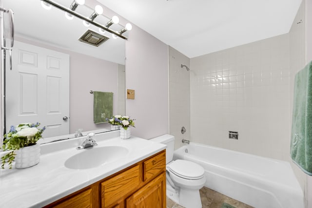 full bath featuring vanity, shower / bathing tub combination, visible vents, and toilet