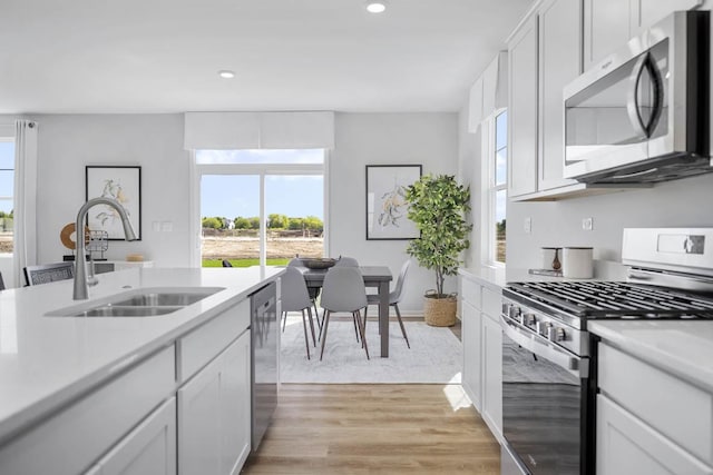 kitchen featuring a sink, appliances with stainless steel finishes, light wood-style flooring, and light countertops