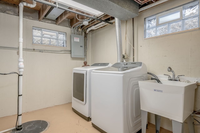 laundry area with electric panel and washing machine and clothes dryer