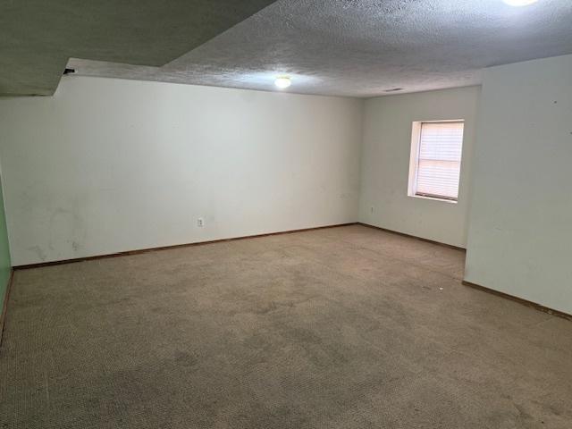 unfurnished room with baseboards, carpet floors, and a textured ceiling