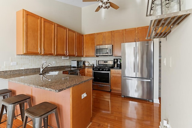 kitchen with decorative backsplash, a peninsula, stainless steel appliances, and a sink