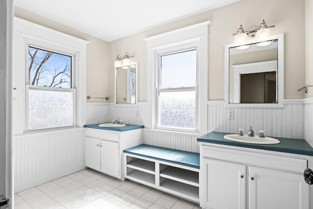 bathroom with wainscoting, two vanities, and a sink