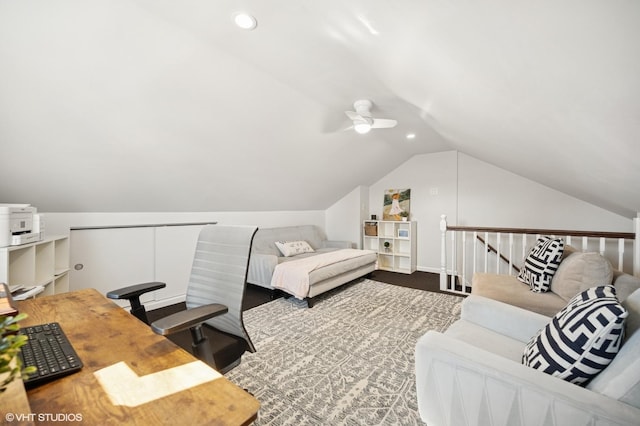 bedroom with recessed lighting, ceiling fan, and lofted ceiling