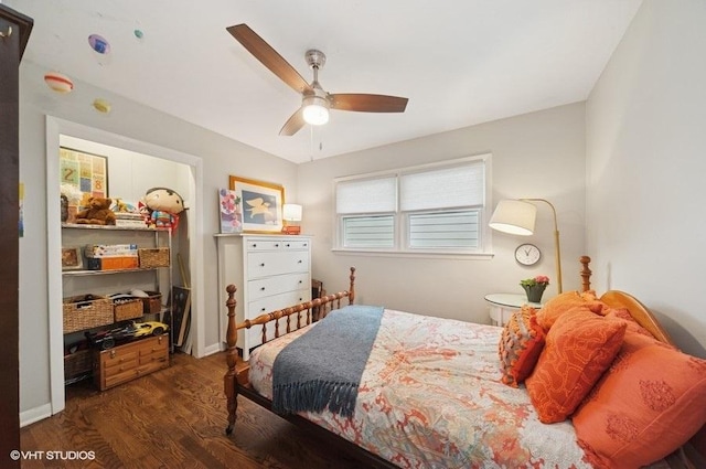 bedroom with wood finished floors and ceiling fan