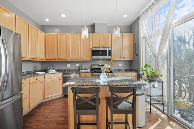 kitchen featuring light brown cabinets, appliances with stainless steel finishes, and dark wood-style flooring