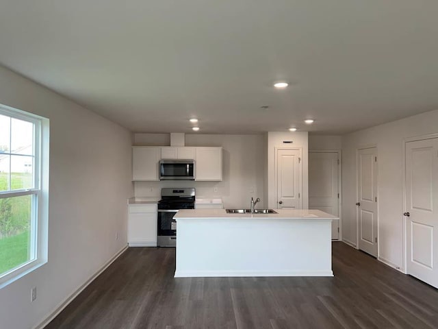 kitchen with dark wood finished floors, a healthy amount of sunlight, appliances with stainless steel finishes, and a sink