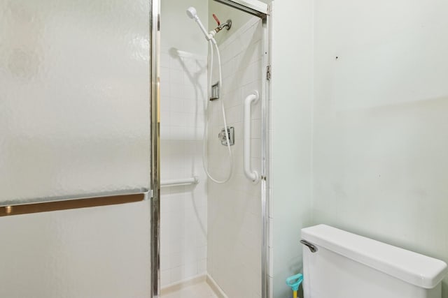 full bathroom with a stall shower and toilet