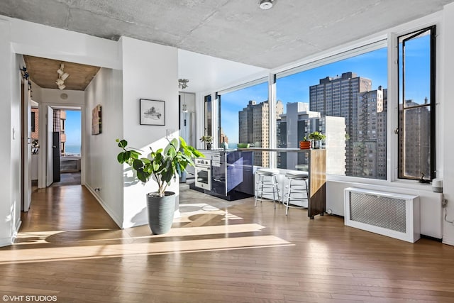 interior space with a city view, radiator, baseboards, and wood-type flooring