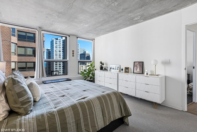 carpeted bedroom with a view of city