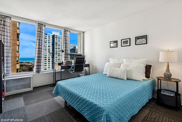 bedroom featuring a city view, radiator, carpet, and a textured ceiling