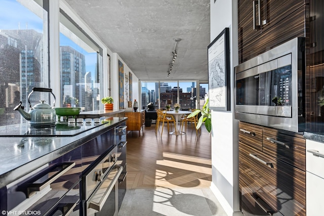 kitchen with stainless steel microwave, a healthy amount of sunlight, a view of city, and track lighting