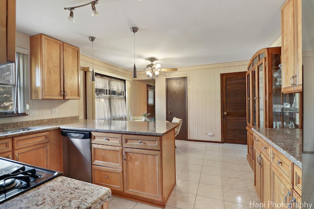 kitchen featuring brown cabinets, stainless steel dishwasher, a peninsula, wallpapered walls, and light tile patterned floors