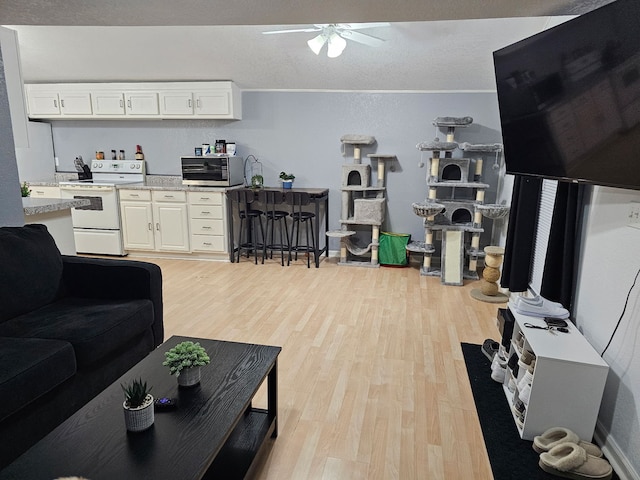 living area with ceiling fan, crown molding, and light wood finished floors