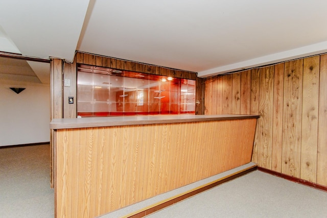 bar with carpet flooring, wood walls, a dry bar, and baseboards