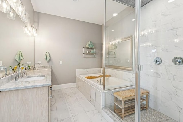 full bath featuring a sink, a garden tub, and walk in shower