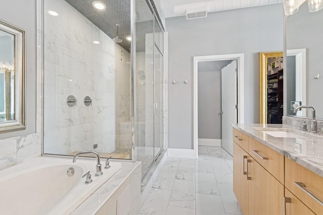 full bath featuring visible vents, a garden tub, a stall shower, marble finish floor, and vanity