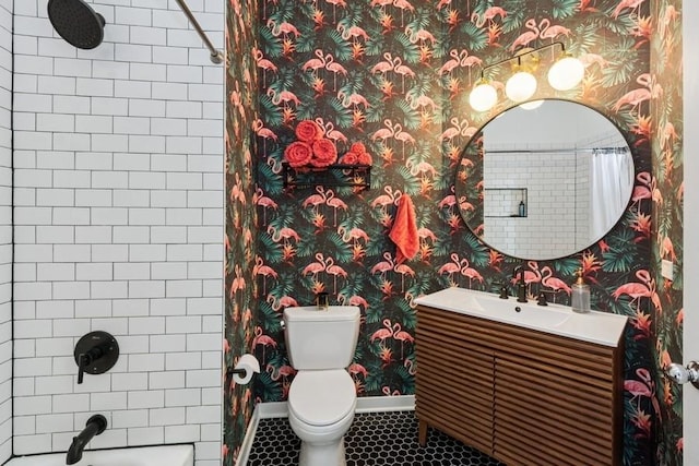 full bathroom with wallpapered walls, baseboards, toilet, shower / bath combo, and vanity