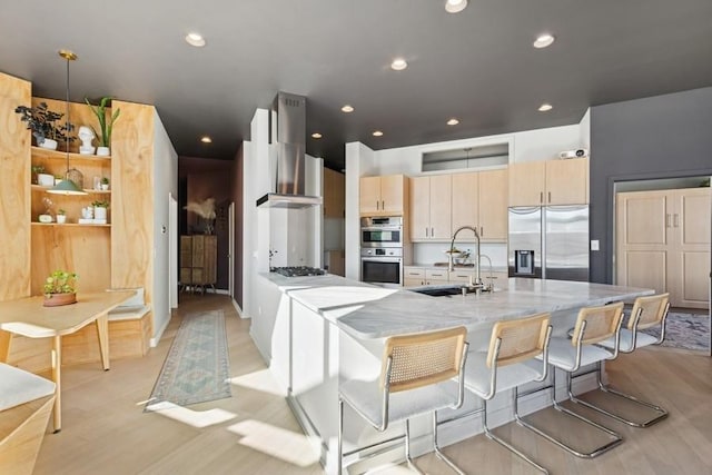 kitchen with range hood, stainless steel appliances, light wood-type flooring, and a sink