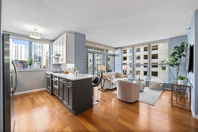 kitchen with light wood finished floors, open floor plan, stainless steel appliances, a peninsula, and light countertops