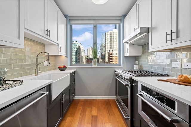 kitchen featuring baseboards, under cabinet range hood, light countertops, stainless steel appliances, and a view of city