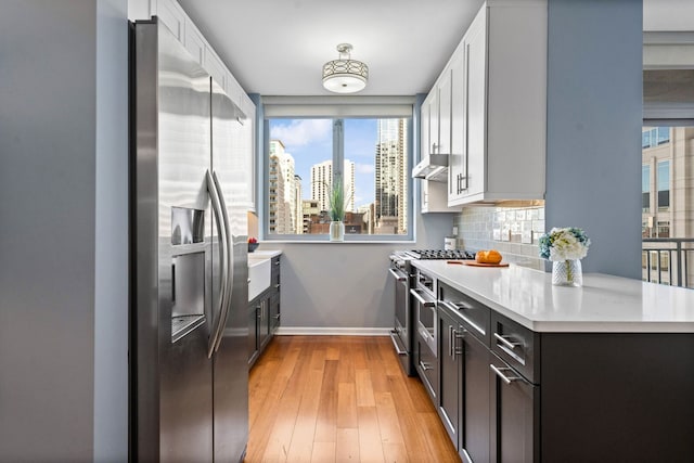 kitchen featuring light wood finished floors, backsplash, under cabinet range hood, light countertops, and stainless steel appliances