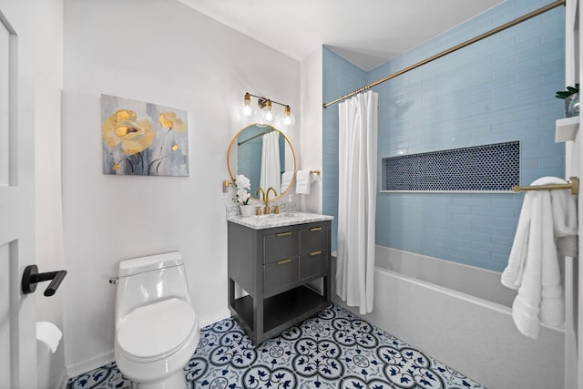 full bath with tile patterned floors, toilet, shower / tub combo, baseboards, and vanity