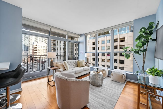 living room featuring floor to ceiling windows, wood finished floors, and baseboards