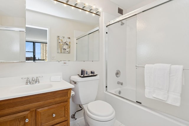 full bath with enclosed tub / shower combo, visible vents, toilet, and vanity