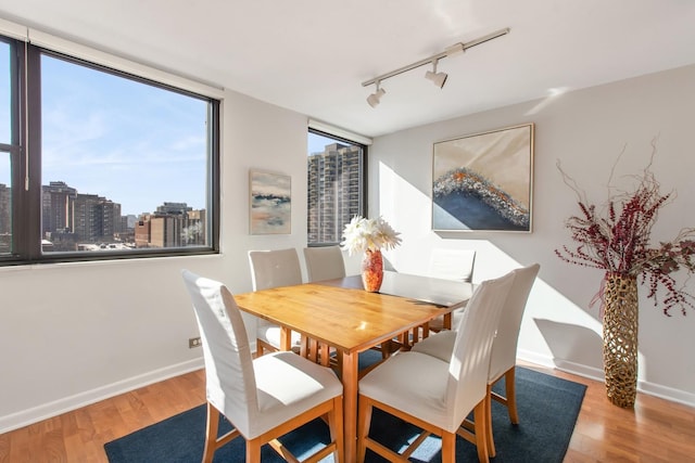 dining space with a view of city, rail lighting, wood finished floors, and baseboards