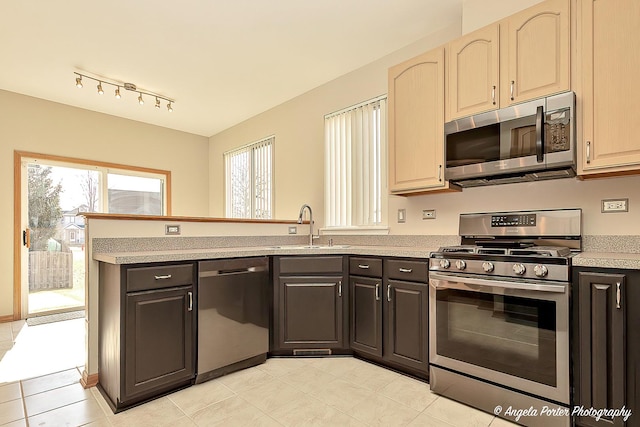 kitchen featuring a sink, a peninsula, light countertops, and stainless steel appliances