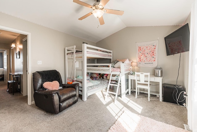 bedroom with lofted ceiling, carpet flooring, and ceiling fan