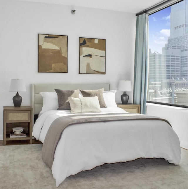 bedroom featuring a view of city and carpet flooring