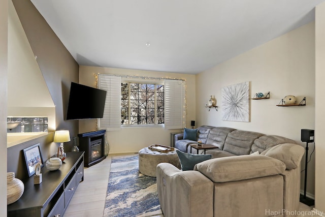 living area with a glass covered fireplace and light wood-type flooring