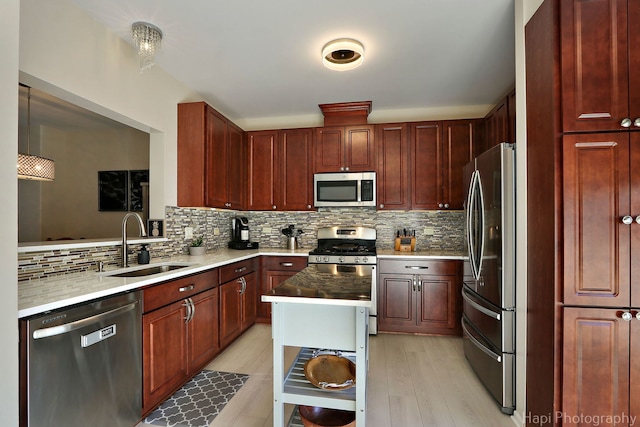 kitchen featuring a sink, stainless steel appliances, reddish brown cabinets, and backsplash