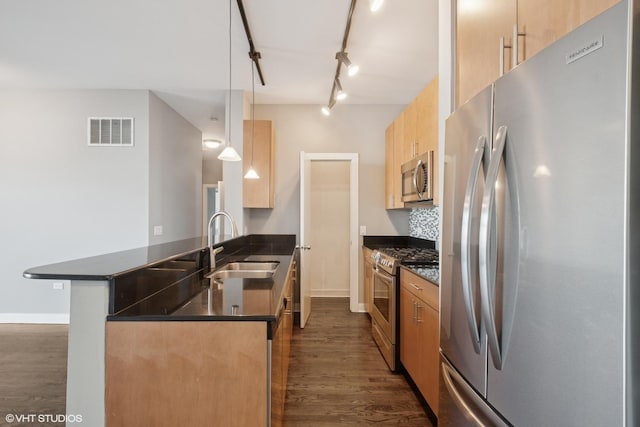 kitchen featuring visible vents, a peninsula, a sink, stainless steel appliances, and dark wood-type flooring