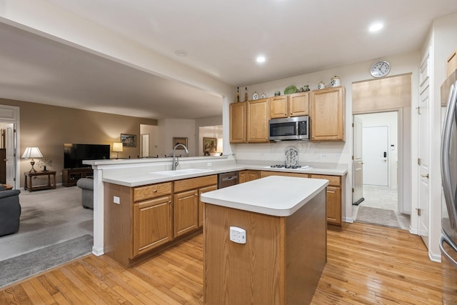13536 Westridge Ct, Huntley, IL 60142 - kitchen with a peninsula, a sink, open floor plan, light countertops, and appliances with stainless steel finishes