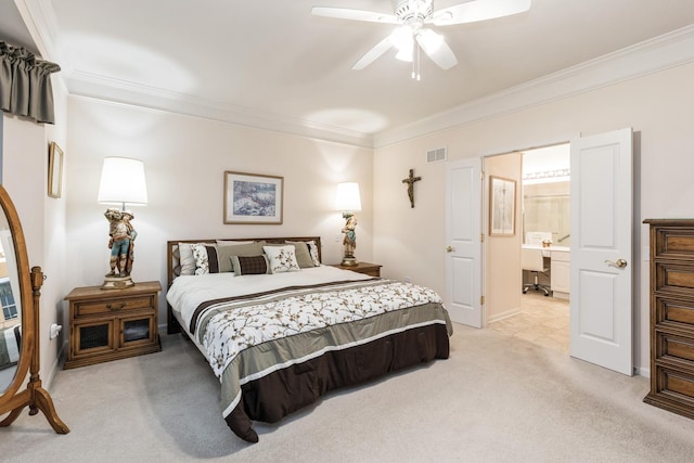 13536 Westridge Ct, Huntley, IL 60142 - bedroom with visible vents, crown molding, light colored carpet, and a ceiling fan