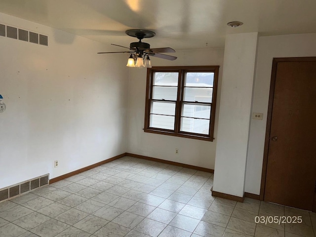 empty room with visible vents, ceiling fan, and baseboards